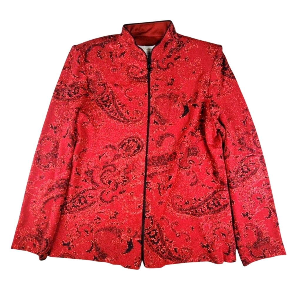 Jeanne Alexander Jacket Women L Red Paisley Metallic Knit Full Zip Lined Vintage